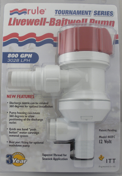 RULE 403FC 800 GPH TOURNAMENT SERIES LIVEWELL PUMP WITH SEACOCK FITTING ...