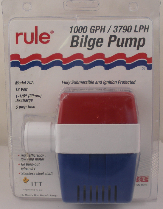 Rule Bilge Pump 1000 GPH / 3790 LPH. Model 20A, 12 Volt, 5 amp fuse. SS