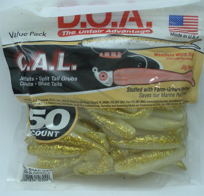 Doa 10 309 Cal Shad Lure 50ct 3 Color 309 Glow Gold Rush 21371 