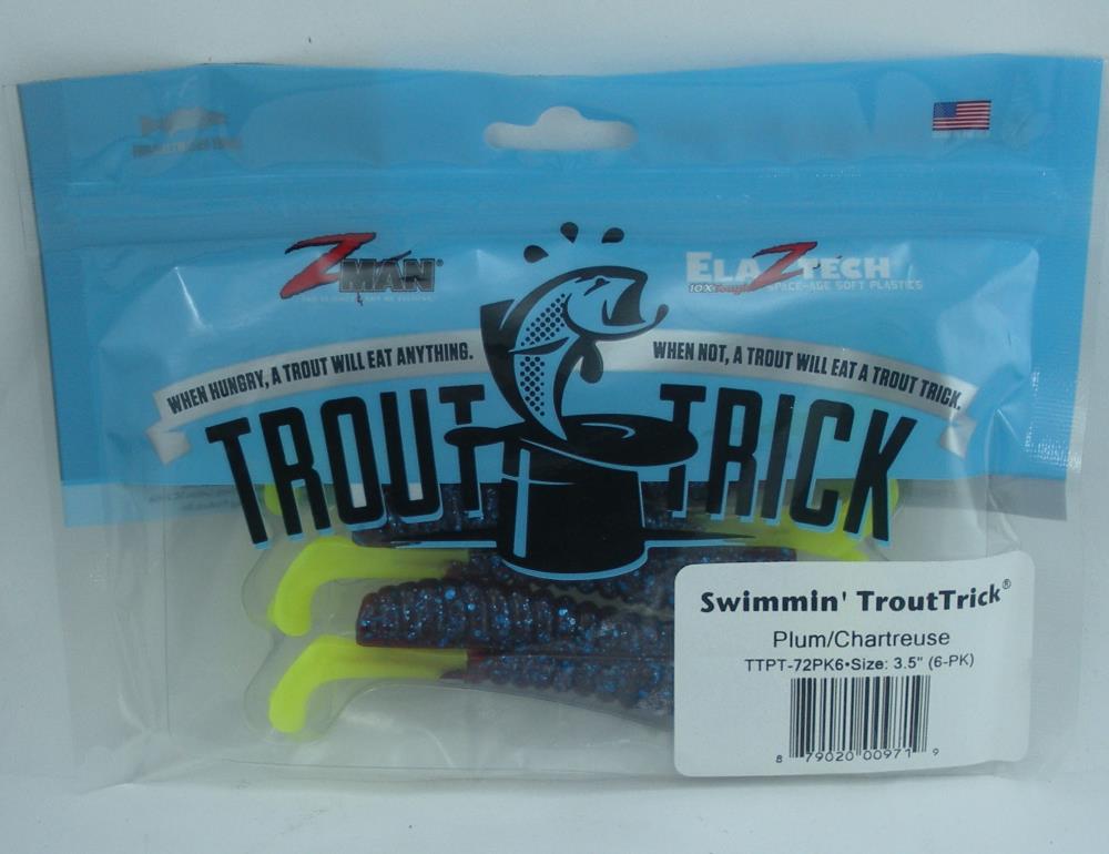Zman TTPT-72PK6 Elaztech Swimmin Trout Trick 3.5/" Color Plum Chartr Tail 24540