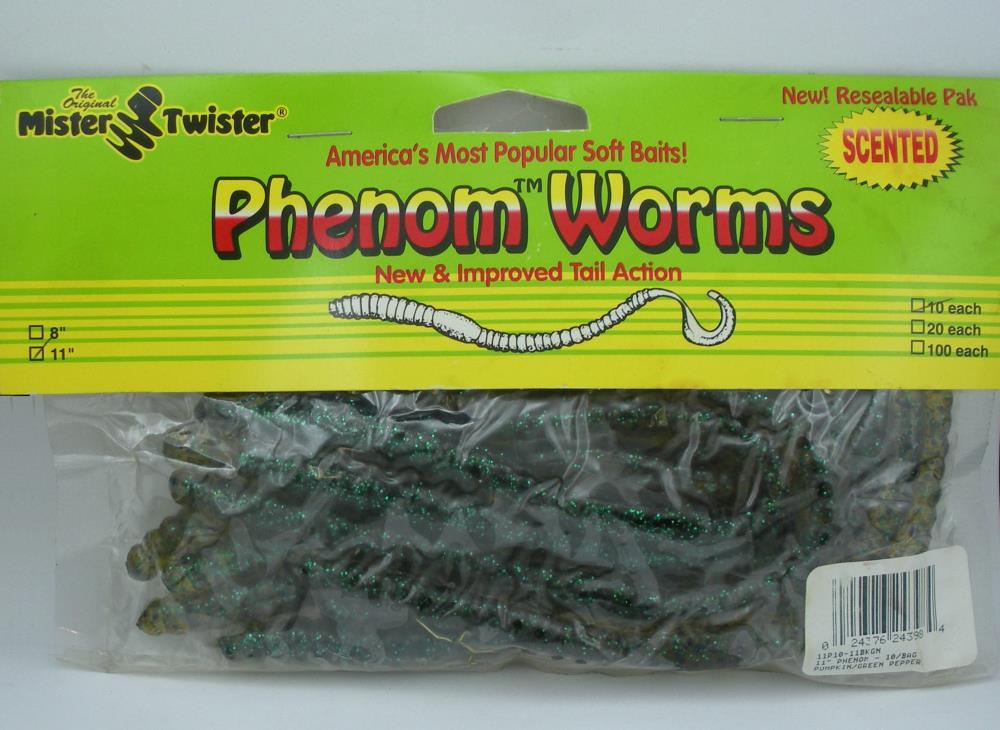 Mister Twister 11P10-36 Phenom Worms 11/" Color Black Firetail 10CT 24031