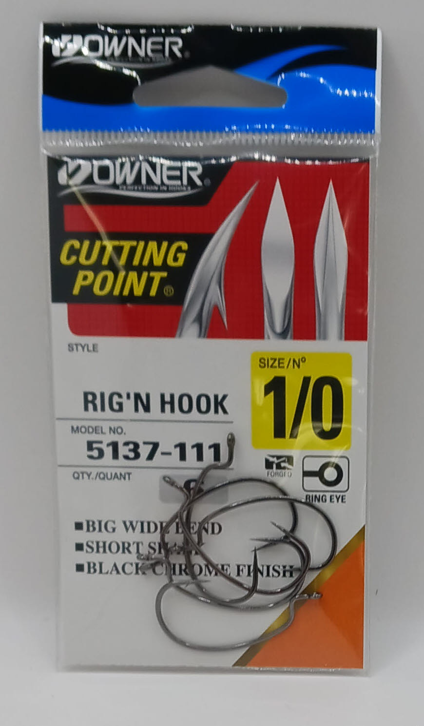 Owner 5137-111 Wide Bite Open Gap Hook Short Shank Cutting Point Blk Chr 1/0 6Ct