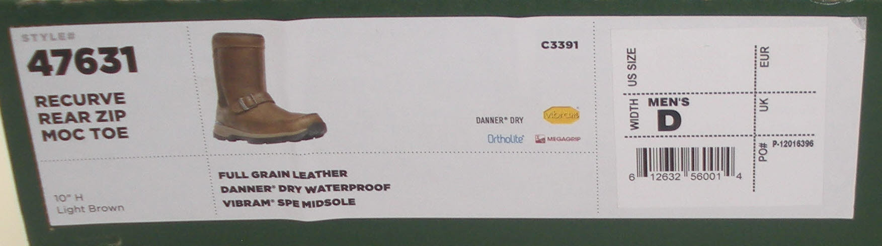Danner 47631-9.5D Mens Size 9.5 D Width 10" Recurve Rear Zip Boot
